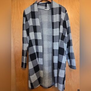 Black and Gray Plaid Open Front Cardigan